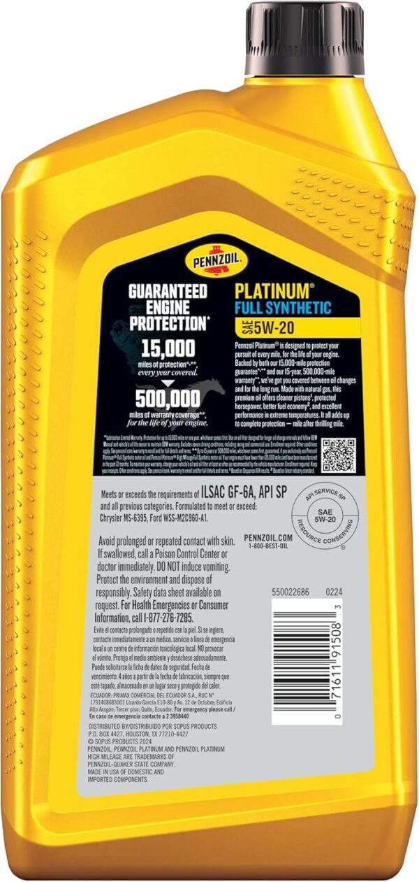 ACEITE 5W20 DEXOS 1 SINTETICO BENCINEROS 946ml PENNZOIL - Imagen 3